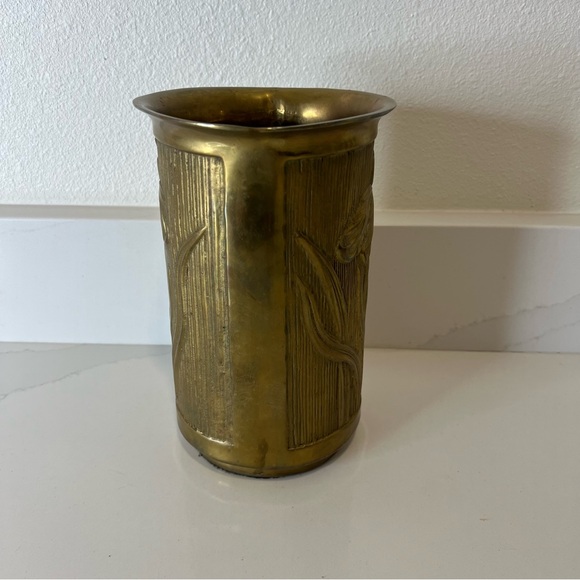 Vintage Brass Floral Embossed Cylinder Vase Gold Tone Decorative Home Accent - Picture 2 of 13